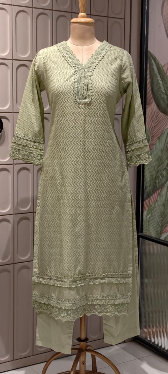 Elegant Straight Graceful Cotton Full Suit Set with Printed Dupatta & Lace Detailing- 14833