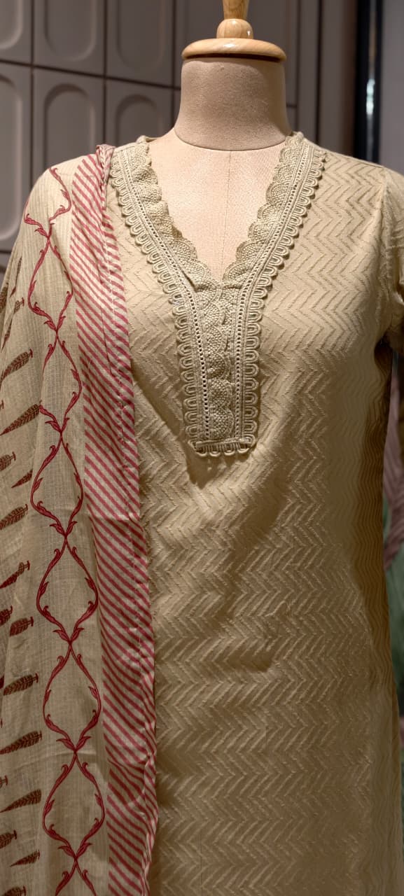 Elegant Straight Graceful Cotton Full Suit Set with Printed Dupatta & Lace Detailing- 14833