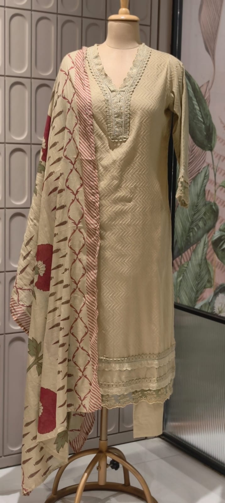 Elegant Straight Graceful Cotton Full Suit Set with Printed Dupatta & Lace Detailing- 14833