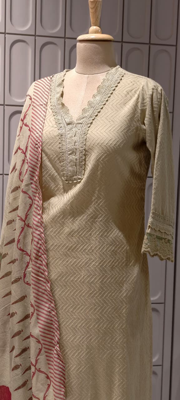 Elegant Straight Graceful Cotton Full Suit Set with Printed Dupatta & Lace Detailing- 14833