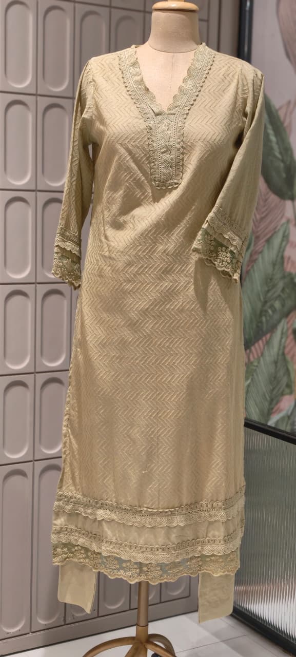 Elegant Straight Graceful Cotton Full Suit Set with Printed Dupatta & Lace Detailing- 14833
