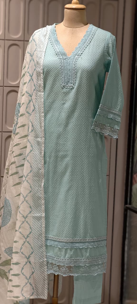 Elegant Straight Graceful Cotton Full Suit Set with Printed Dupatta & Lace Detailing- 14833