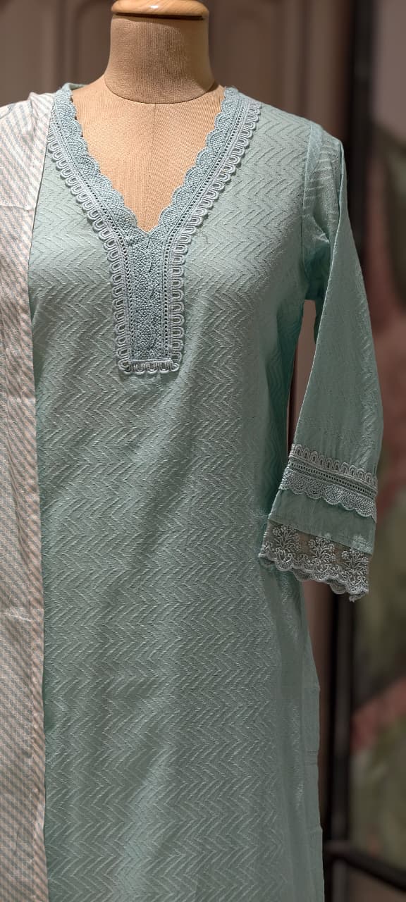 Elegant Straight Graceful Cotton Full Suit Set with Printed Dupatta & Lace Detailing- 14833