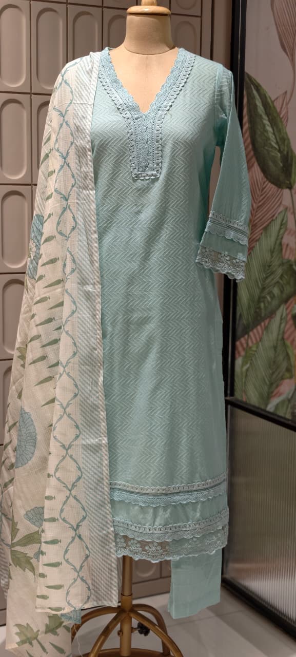 Elegant Straight Graceful Cotton Full Suit Set with Printed Dupatta & Lace Detailing- 14833