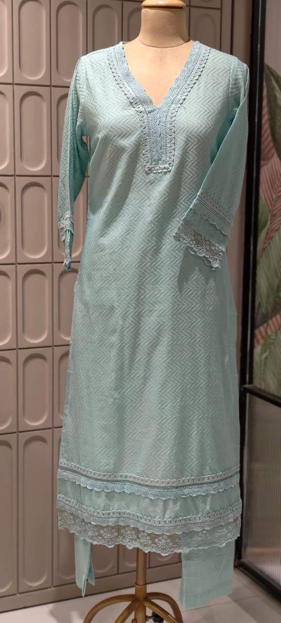 Elegant Straight Graceful Cotton Full Suit Set with Printed Dupatta & Lace Detailing- 14833