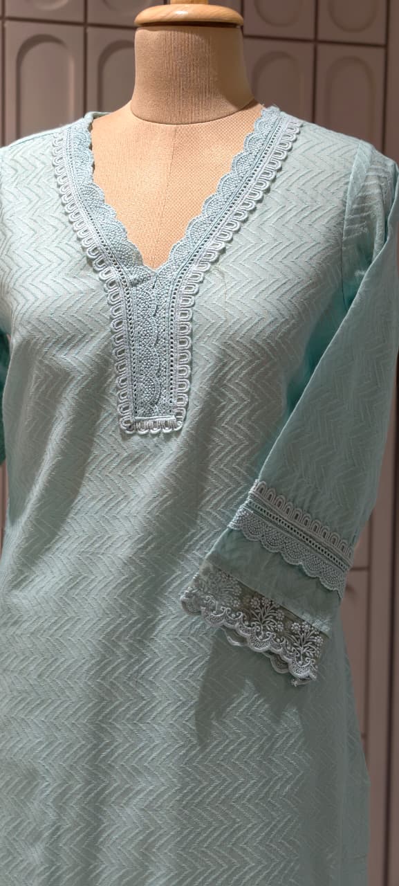 Elegant Straight Graceful Cotton Full Suit Set with Printed Dupatta & Lace Detailing- 14833