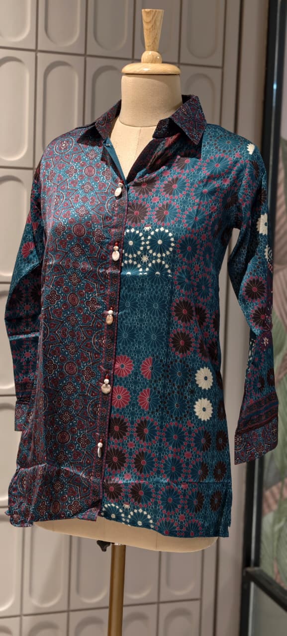Abstract Gajji Silk-Blend Kaleidoscope Print Button-Down Shirt- 14837