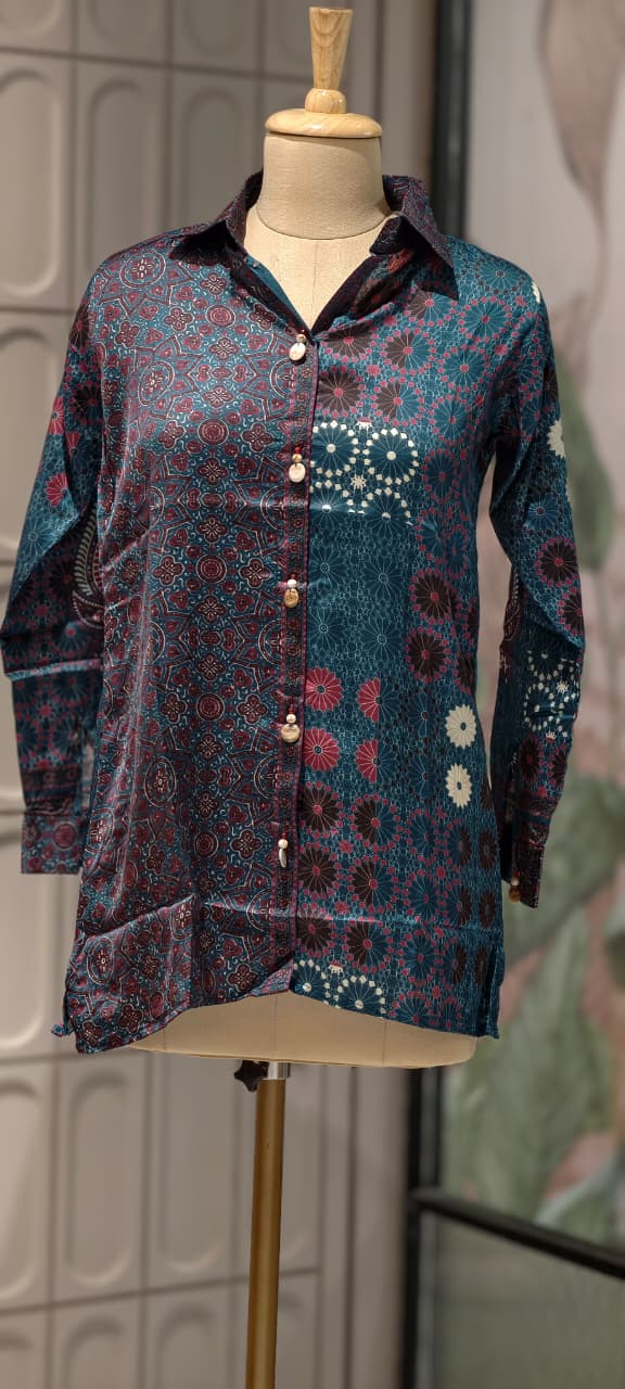 Abstract Gajji Silk-Blend Kaleidoscope Print Button-Down Shirt- 14837