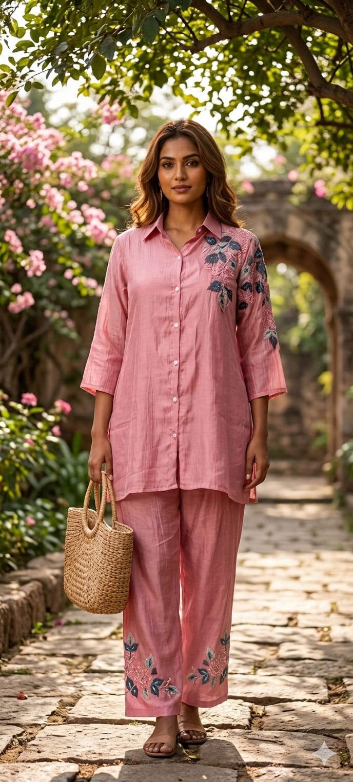 Floral Applique Featuring Handcrafted Patchwork Embroidered Banarasi Mul Chanderi Co-Ord Sets- 14859