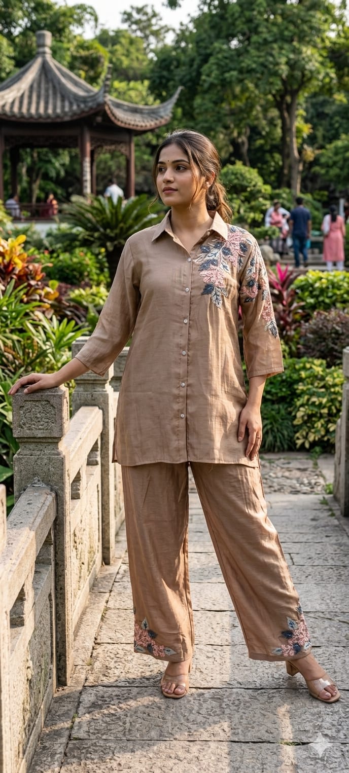 Floral Applique Featuring Handcrafted Patchwork Embroidered Banarasi Mul Chanderi Co-Ord Sets- 14859