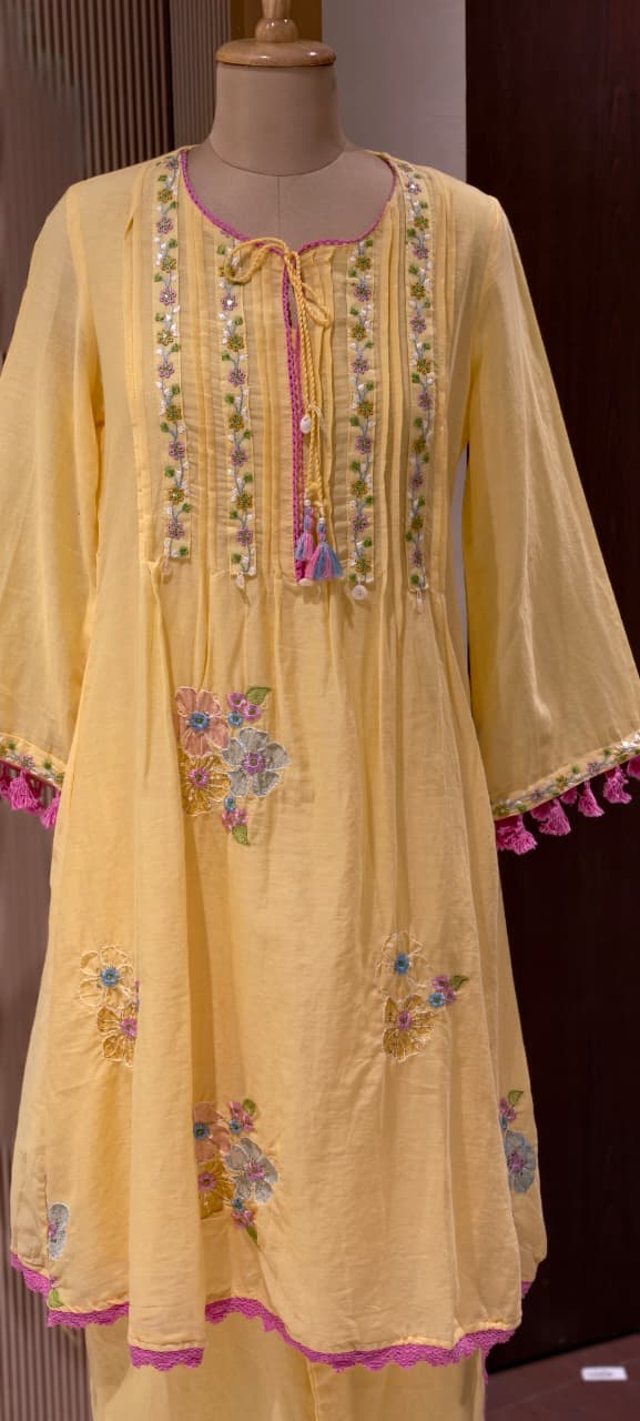 Pastel Mul Cotton A-Line Kurta Pant Set with Pastel Floral Embroidery & Tassel Detailing- 14866