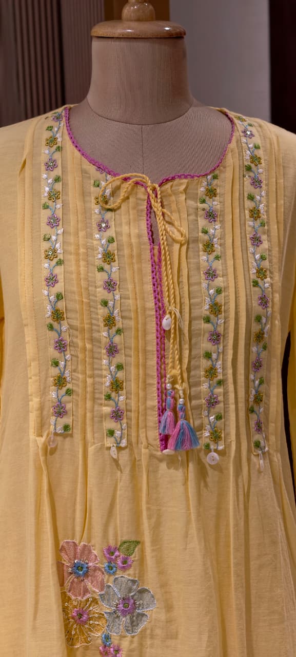 Pastel Mul Cotton A-Line Kurta Pant Set with Pastel Floral Embroidery & Tassel Detailing- 14866