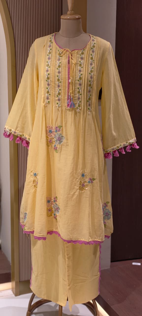 Pastel Mul Cotton A-Line Kurta Pant Set with Pastel Floral Embroidery & Tassel Detailing- 14866