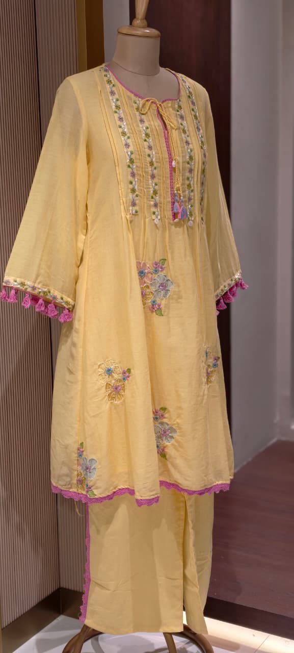 Pastel Mul Cotton A-Line Kurta Pant Set with Pastel Floral Embroidery & Tassel Detailing- 14866