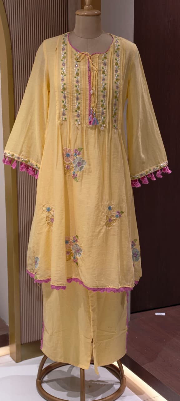 Pastel Mul Cotton A-Line Kurta Pant Set with Pastel Floral Embroidery & Tassel Detailing- 14866