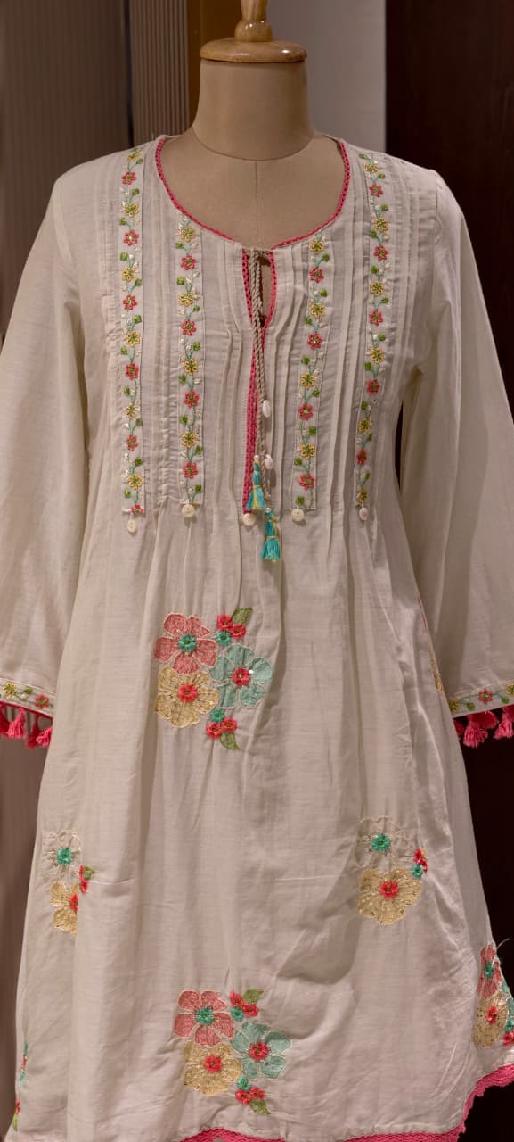 Pastel Mul Cotton A-Line Kurta Pant Set with Pastel Floral Embroidery & Tassel Detailing- 14866