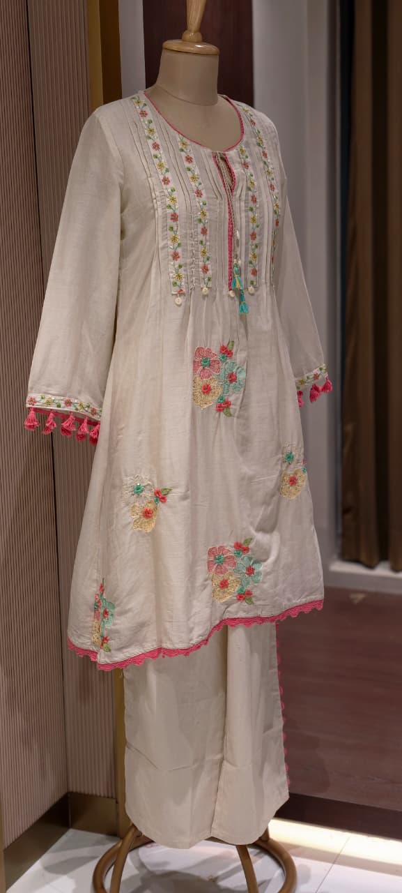 Pastel Mul Cotton A-Line Kurta Pant Set with Pastel Floral Embroidery & Tassel Detailing- 14866