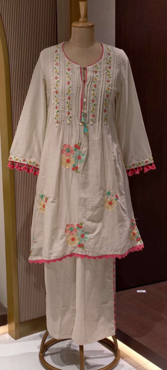 Pastel Mul Cotton A-Line Kurta Pant Set with Pastel Floral Embroidery & Tassel Detailing- 14866