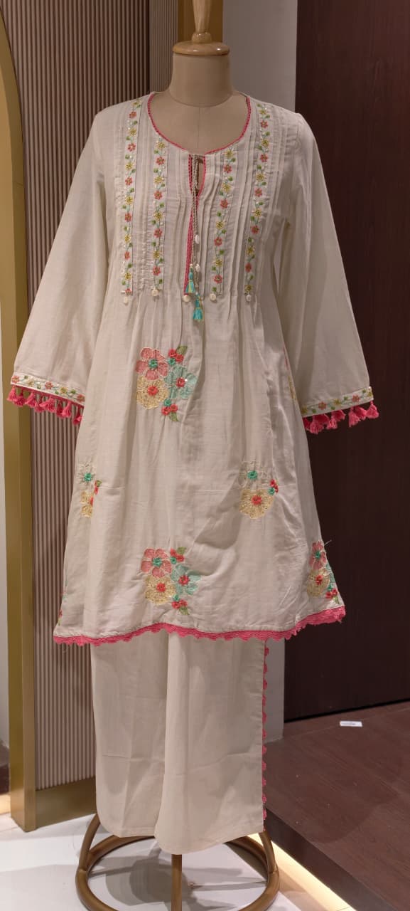 Pastel Mul Cotton A-Line Kurta Pant Set with Pastel Floral Embroidery & Tassel Detailing- 14866