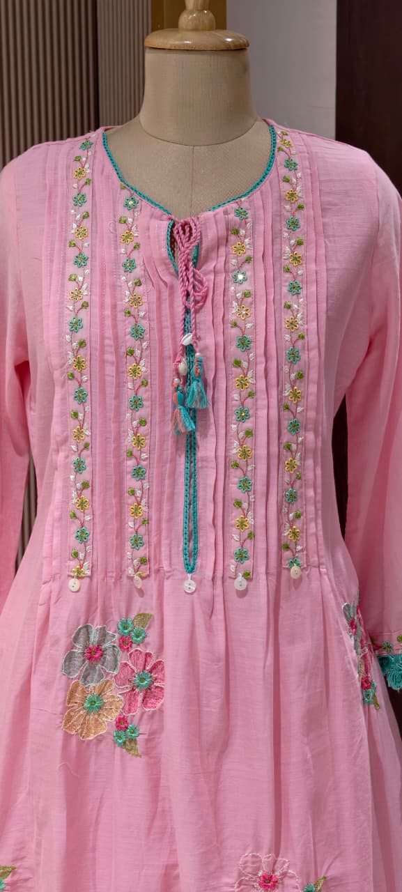 Pastel Mul Cotton A-Line Kurta Pant Set with Pastel Floral Embroidery & Tassel Detailing- 14866