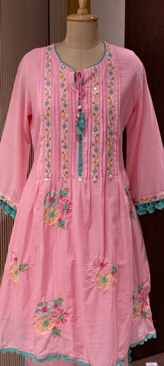 Pastel Mul Cotton A-Line Kurta Pant Set with Pastel Floral Embroidery & Tassel Detailing- 14866