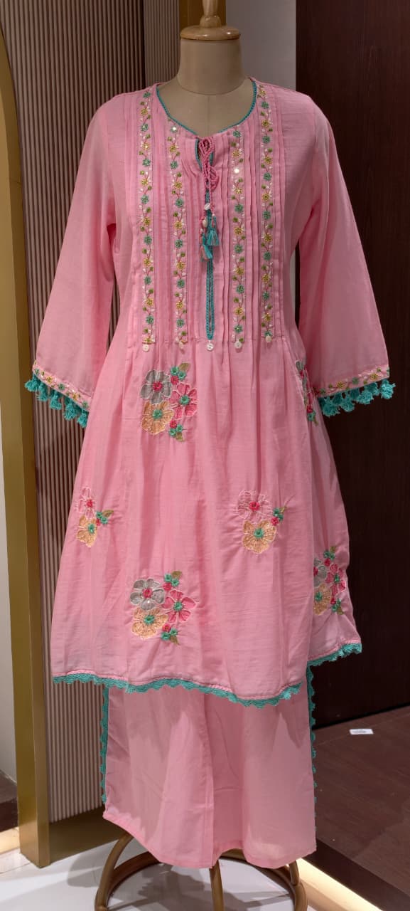 Pastel Mul Cotton A-Line Kurta Pant Set with Pastel Floral Embroidery & Tassel Detailing- 14866