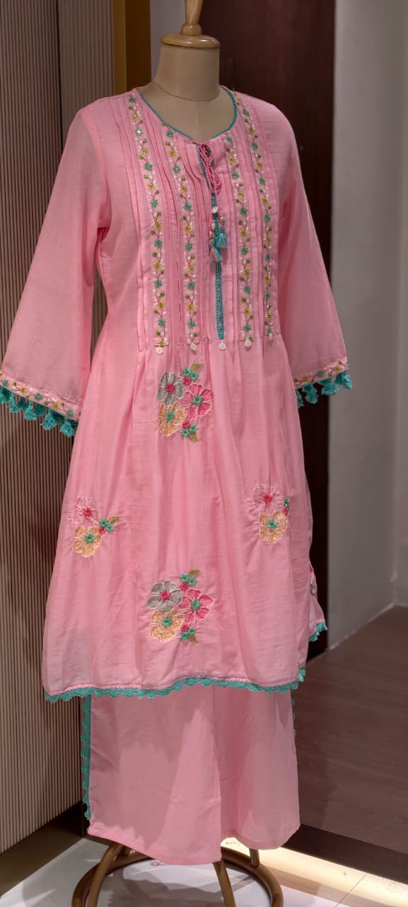 Pastel Mul Cotton A-Line Kurta Pant Set with Pastel Floral Embroidery & Tassel Detailing- 14866