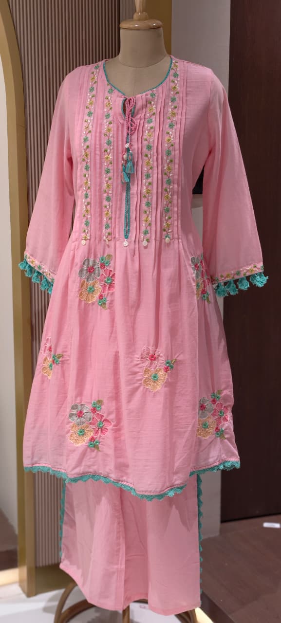 Pastel Mul Cotton A-Line Kurta Pant Set with Pastel Floral Embroidery & Tassel Detailing- 14866