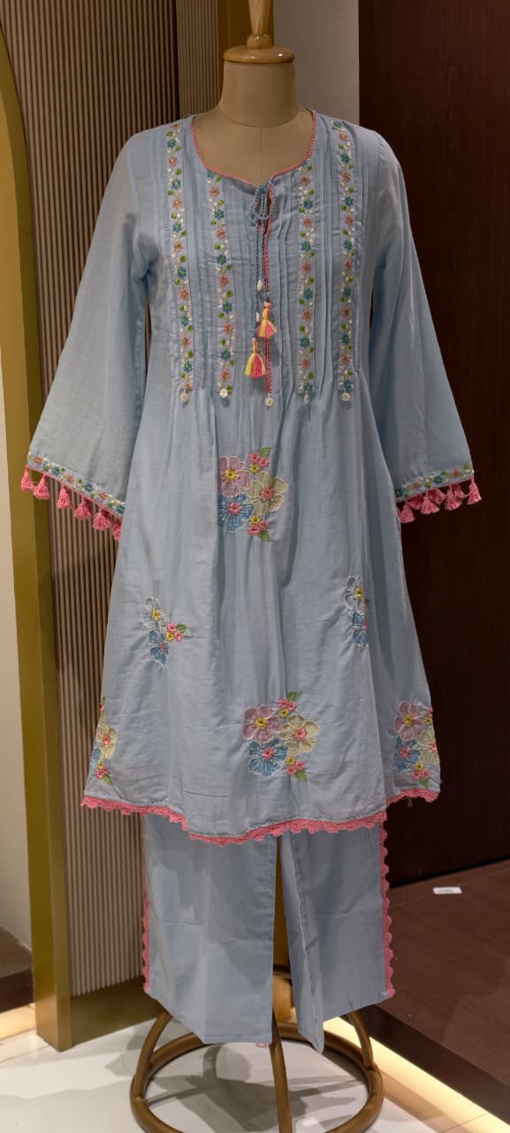 Pastel Mul Cotton A-Line Kurta Pant Set with Pastel Floral Embroidery & Tassel Detailing- 14866