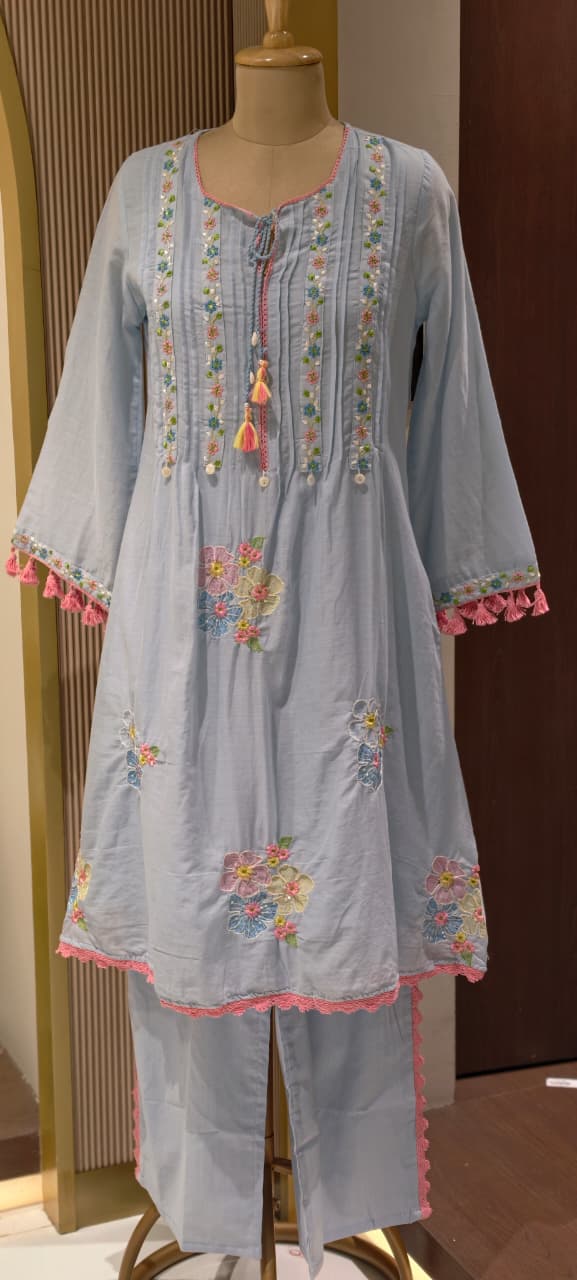 Pastel Mul Cotton A-Line Kurta Pant Set with Pastel Floral Embroidery & Tassel Detailing- 14866