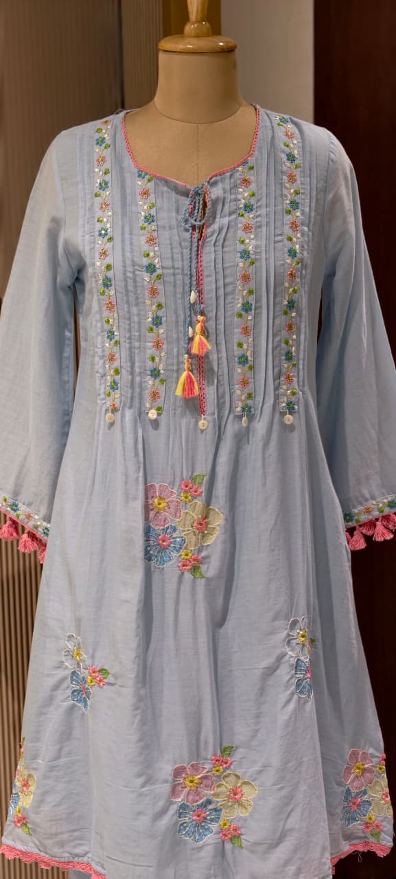 Pastel Mul Cotton A-Line Kurta Pant Set with Pastel Floral Embroidery & Tassel Detailing- 14866