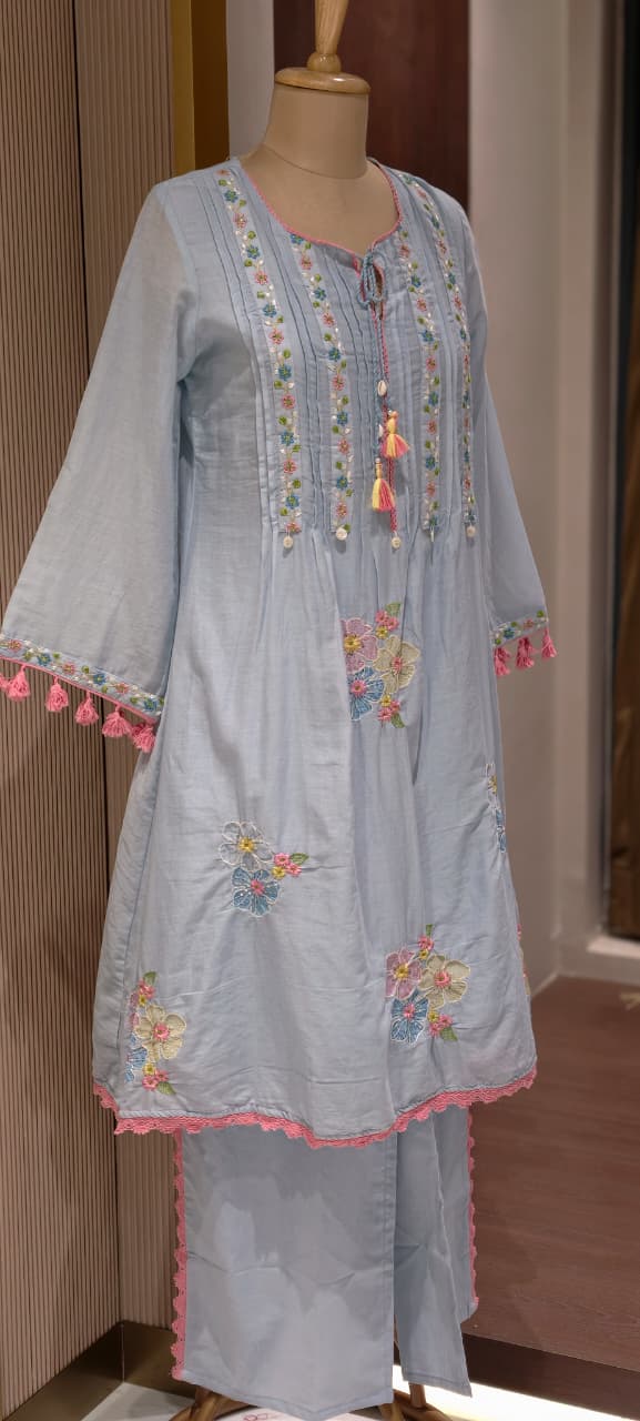 Pastel Mul Cotton A-Line Kurta Pant Set with Pastel Floral Embroidery & Tassel Detailing- 14866