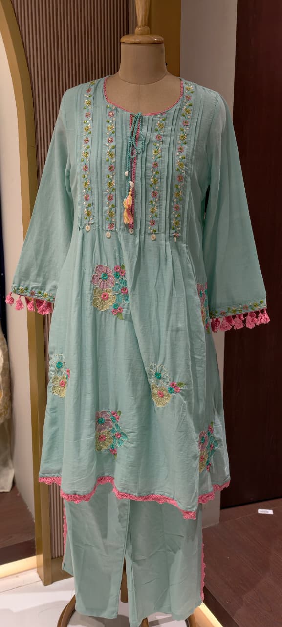 Pastel Mul Cotton A-Line Kurta Pant Set with Pastel Floral Embroidery & Tassel Detailing- 14866