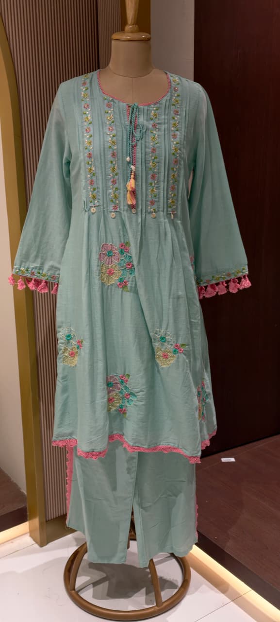 Pastel Mul Cotton A-Line Kurta Pant Set with Pastel Floral Embroidery & Tassel Detailing- 14866