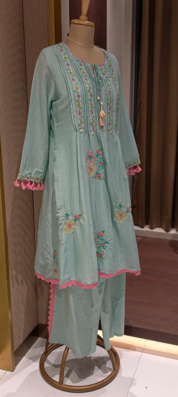 Pastel Mul Cotton A-Line Kurta Pant Set with Pastel Floral Embroidery & Tassel Detailing- 14866