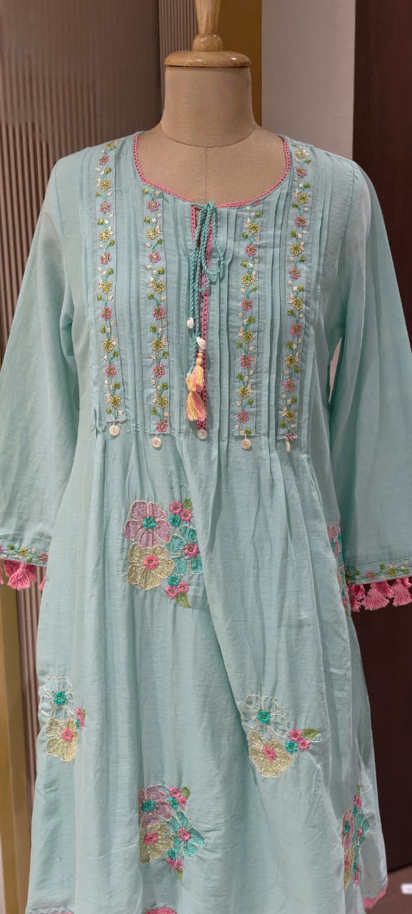 Pastel Mul Cotton A-Line Kurta Pant Set with Pastel Floral Embroidery & Tassel Detailing- 14866