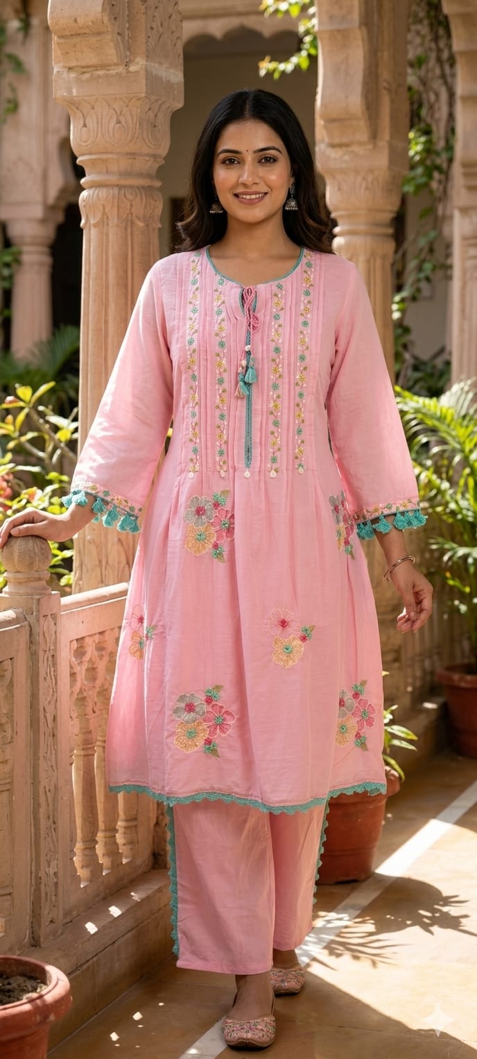 Pastel Mul Cotton A-Line Kurta Pant Set with Pastel Floral Embroidery & Tassel Detailing- 14866