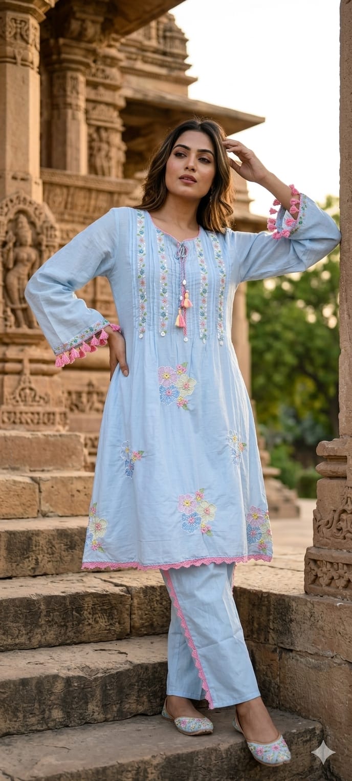 Pastel Mul Cotton A-Line Kurta Pant Set with Pastel Floral Embroidery & Tassel Detailing- 14866