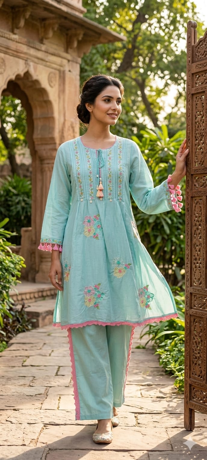 Pastel Mul Cotton A-Line Kurta Pant Set with Pastel Floral Embroidery & Tassel Detailing- 14866