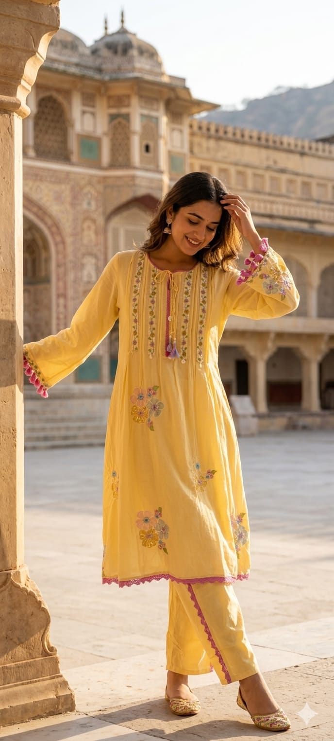 Pastel Mul Cotton A-Line Kurta Pant Set with Pastel Floral Embroidery & Tassel Detailing- 14866