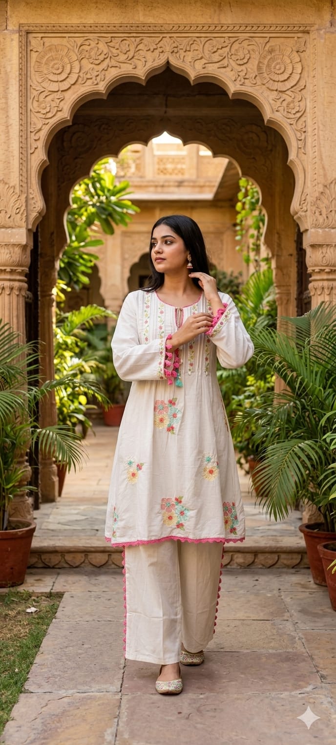 Pastel Mul Cotton A-Line Kurta Pant Set with Pastel Floral Embroidery & Tassel Detailing- 14866