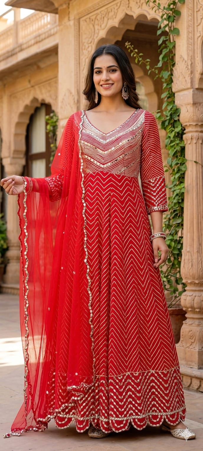 Majestic Premium Zari & Mirror Work Chevron Georgette Floor Length Anarkali Set with Dupatta- 14233