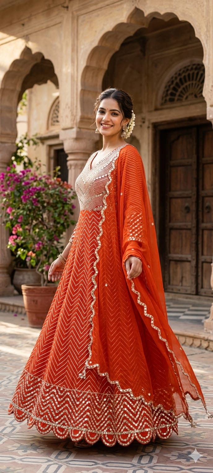 Majestic Premium Zari & Mirror Work Chevron Georgette Floor Length Anarkali Set with Dupatta- 14233