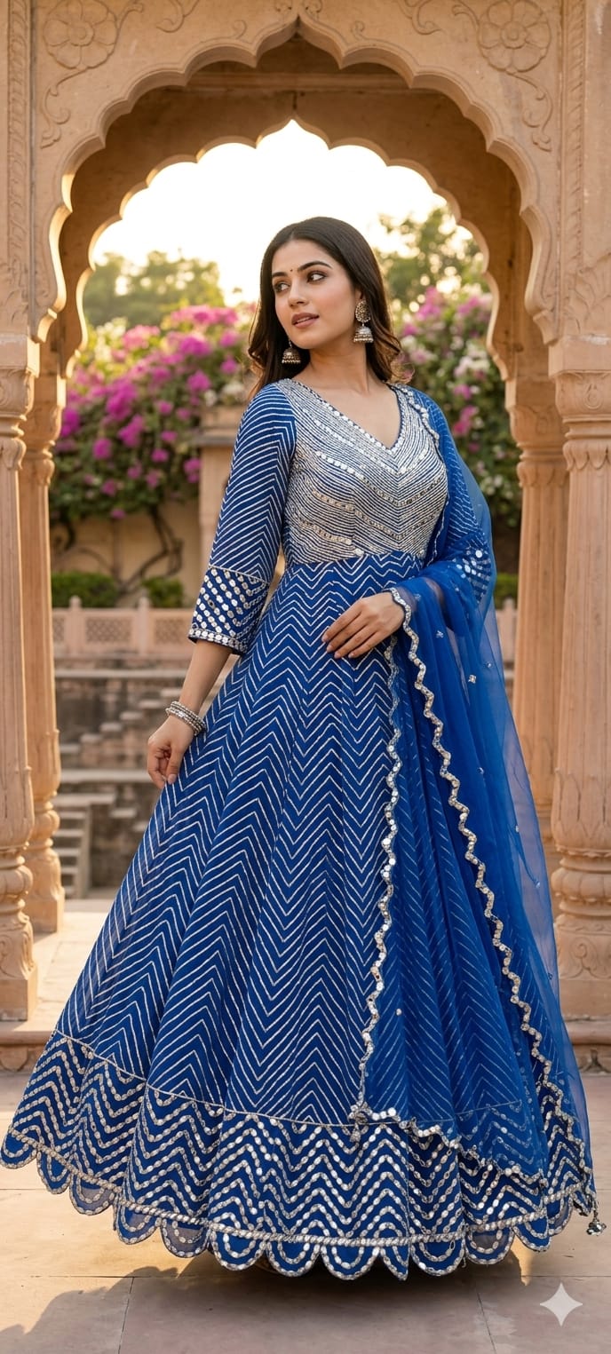 Majestic Premium Zari & Mirror Work Chevron Georgette Floor Length Anarkali Set with Dupatta- 14233