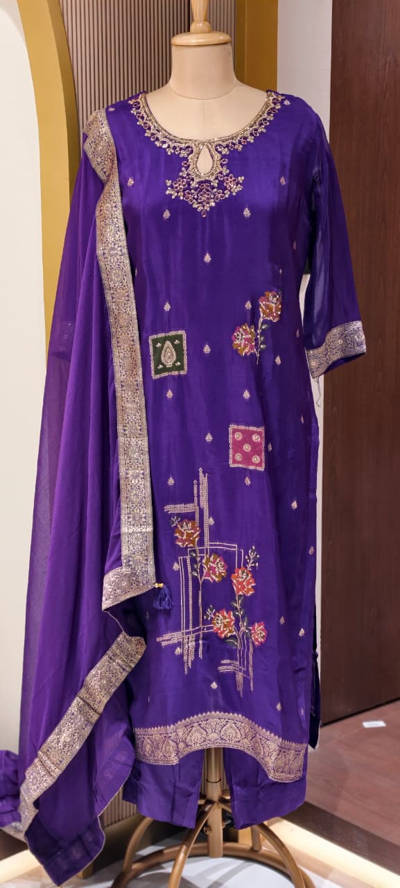 Royal Violet Ethnic Full Suit Set With Dupatta Featuring Hand-Crafted Patchwork Motifs-LEAN FIT(ADVISIBLE NEXT SIZE)