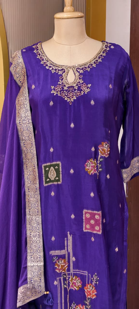 Royal Violet Ethnic Full Suit Set With Dupatta Featuring Hand-Crafted Patchwork Motifs-LEAN FIT(ADVISIBLE NEXT SIZE)