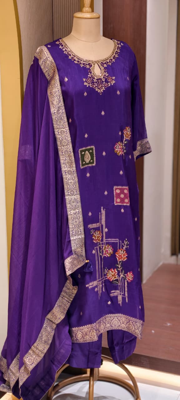 Royal Violet Ethnic Full Suit Set With Dupatta Featuring Hand-Crafted Patchwork Motifs-LEAN FIT(ADVISIBLE NEXT SIZE)