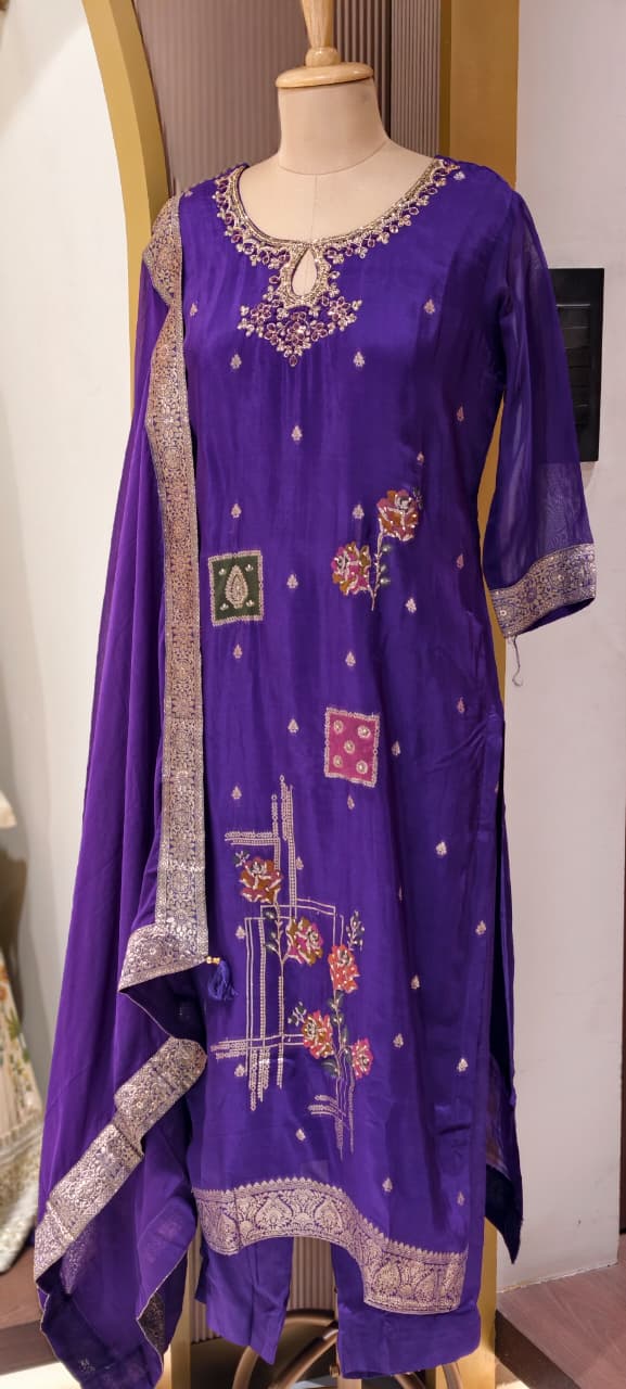 Royal Violet Ethnic Full Suit Set With Dupatta Featuring Hand-Crafted Patchwork Motifs-LEAN FIT(ADVISIBLE NEXT SIZE)
