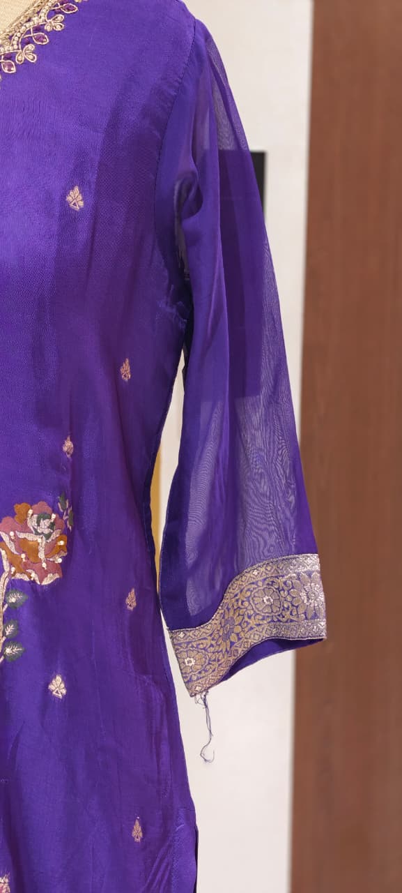 Royal Violet Ethnic Full Suit Set With Dupatta Featuring Hand-Crafted Patchwork Motifs-LEAN FIT(ADVISIBLE NEXT SIZE)