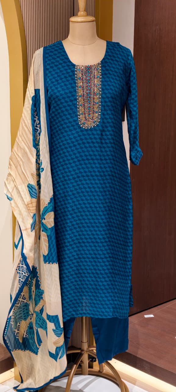 Traditional Embroidered Yoke Royal Blue Micro-Geometric Print Full Suit Set with Dupatta-LEAN FIT(ADVISIBLE NEXT SIZE)